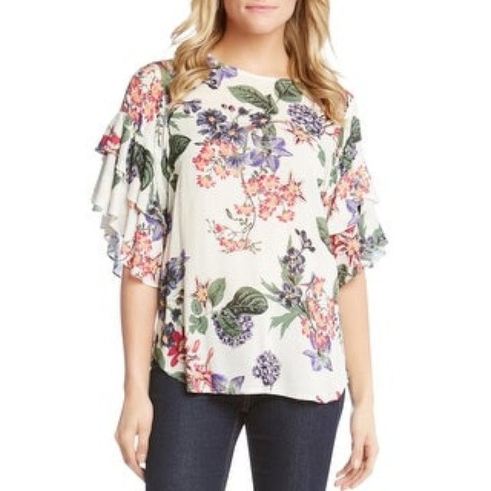 Karen Kane White Rayon Floral Double Ruffle Short Sleeve Blouse EUC sz XL